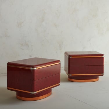 Pair of Stained Burl Wood + Copper Nightstands in the Style of Saporiti, Italy 1970s