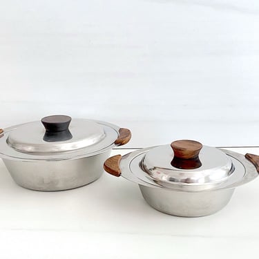 Vintage Mid Century 1960s Danish Modern Stainless Steel and Teak Wood Pots with Lids 