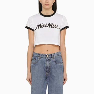 Miu Miu White/Black Crop T-Shirt With Logo Women