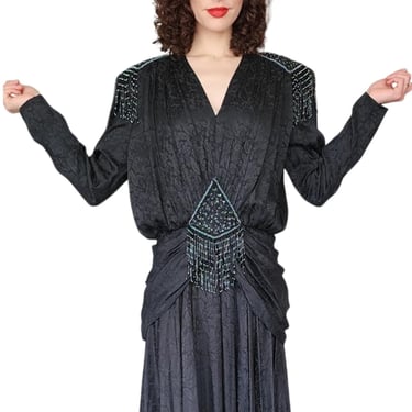 Vintage 80s Evening Dress Black Beaded Silk Fringed D'Ore Art Deco Style 