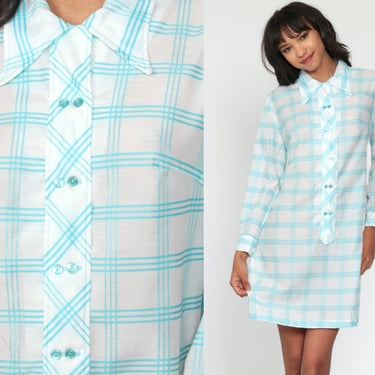 White Checkered Dress 70s Mini Dress Blue Sheath Shirtdress Shift 60s Mod Button Up Dress Collared Long Sleeve Vintage 1970s Twiggy Medium 