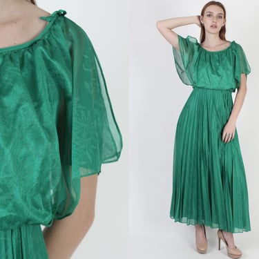 70s Grecian Goddess Dress / Disco Lounge Split Sleeve Dress / Vintage 1970's Green Toga Party Maxi Dress 