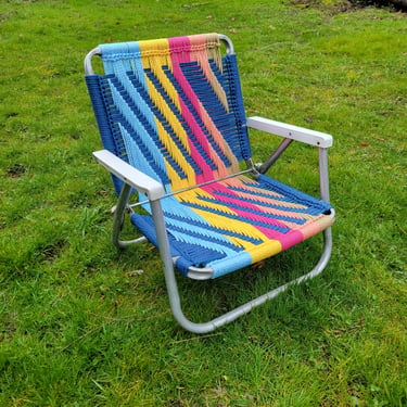 Macrame beach chair vintage aluminum folding lawn chair frame, colorful outdoor seating for van life, glamping, concert, camping, festival 