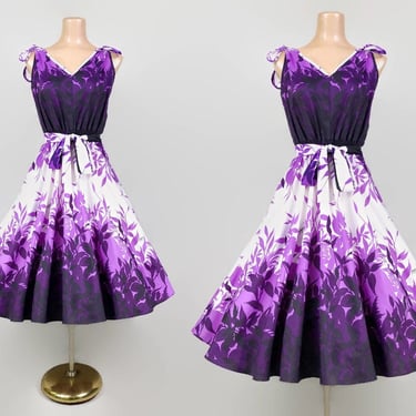 VINTAGE 70s Purple Hawaiian Floral Full Sweep Sun Dress By Royal Creations Hawaii Sz M | 1970s Aloha Signature Print Pin-up Dress | vfg 