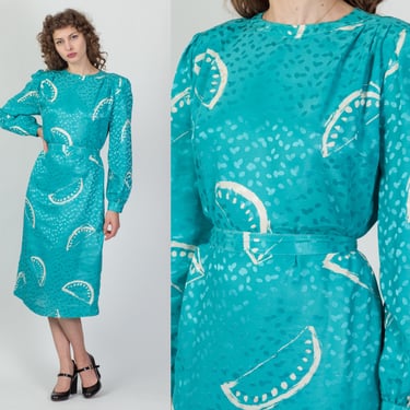 80s Capucci Watermelon Print Puff Sleeve Dress - Medium | Vintage Aqua Blue Belted Fit & Flare Boho Midi 