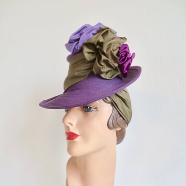 1940's Purple Straw Brimmed Tilt Suitor Hat Taffeta Ribbon Trim WW2 Era 40's Millinery Fall Winter Rockabilly Swing Marion Valle Size 22.5 