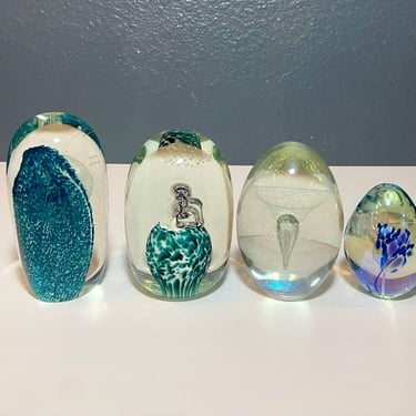 Set of Four ( 4 ) Colorful Glass Paperweights - Signed Art Glass Orbs - Blown Glass Decor for Desk or Shelf 