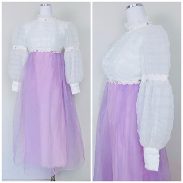 1970s Vintage Lavender Nylon Puff Dress / 70s / Seventies Juliette Sleeve Rosette Princess Maxi Dress / Extra Small 