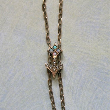 Antique Victorian 10K Gold Slide With Seed Pearls and Opals and Gold Filled Chain, Old 10K Gold Arrow Slide Chain (#4026) 
