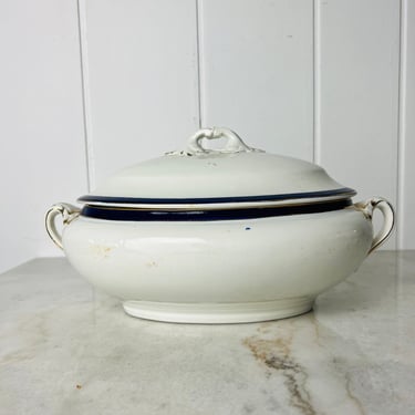 Antique Booths Ltd Tureen with lid, 1890s, XL 26 cm, 10.5" oval, spoon notch, blue, gold stripe, repousse handles, for serving, rare, gift 