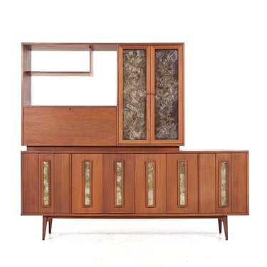 John Keal for Brown Saltman Style Mid Century Walnut Bar Media Console Credenza with Hutch - mcm 