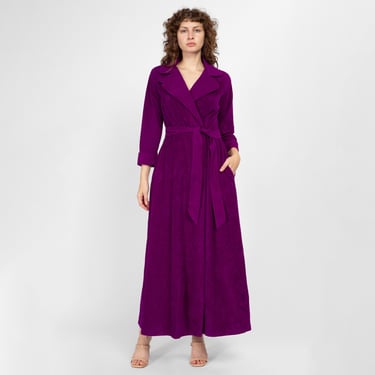 Medium 60s 70s Vanity Fair Plum Purple Felt Dressing Gown | Vintage Wrap Maxi Robe Lounge Dress 