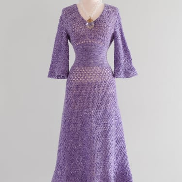 Coolest 1970's Lilac Crochet Knit Day Dress / Sz M