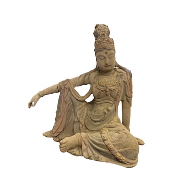 Rustic Wood Cross Leg Sitting Bodhisattva Kwan Yin Tara Buddha Statue ws3069E 