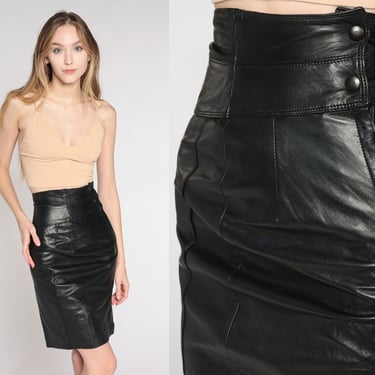 Black Leather Skirt 90s Mini Pencil Skirt Ultra High Rise Wiggle Skirt Sexy Rocker Party Goth Punk Going Out Vintage 1990s 2xs xxs 