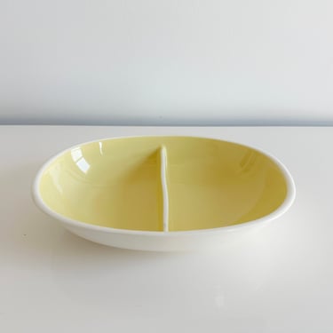 Harkerware: Yellow 10" Divided Oval Vegetable Serving Bowl Harker Pottery USA Vintage 1950s 