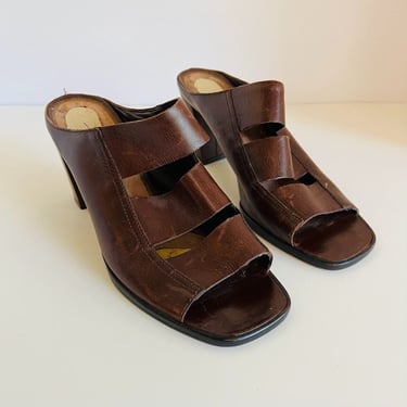 Vintage 90s Brown Distressed Genuine Leather Square Toe Chunky Sandal 