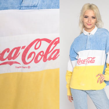 Coca Cola T Shirt 90s Pastel Color Block Coke Long Sleeve Graphic Tshirt Distressed 1990s Vintage Tee Soda Pop Blue Yellow Medium Large 