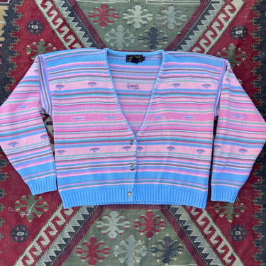 Vintage 90s Eddie Bauer Sunset Stripe Southwestern V Neck Cardigan Sweater Large by TimeBa
