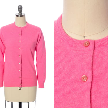 Vintage 1960s Cardigan | 60s Hot Neon Pink Knit Wool Angora Mohair Button Up Long Sleeve Sweater Top (x-small/small) 
