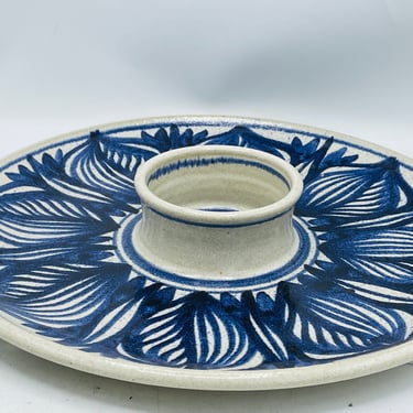 Handmade, Wheel Thrown Signed Ceramic Chip/Dip Tray  Blue  Glaze-18"- Great Condition 