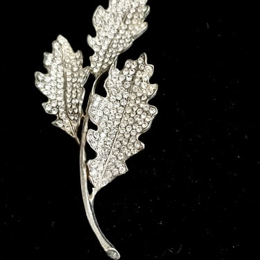 Large Statement Brooch, Bling Leaf Shape, Plant Inspired, Clear Rhinestones, Vintage Jewelry, Mid Century 