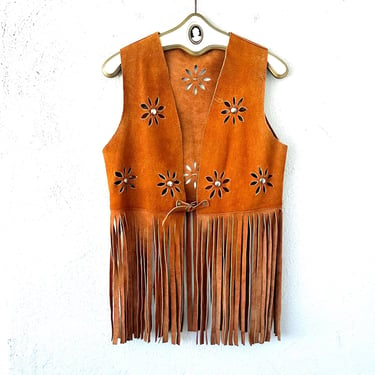 Vintage 60s 70s Hippe Suede Fringe Vest Floral Cutouts 1960s 1970s Leather Rivets Brown Top 