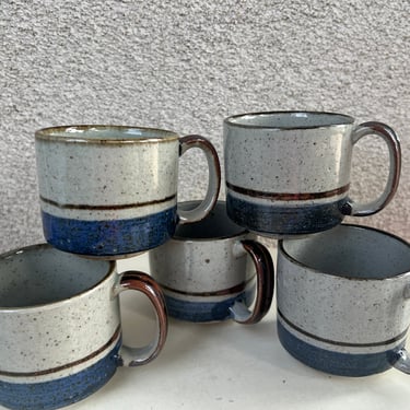 Vintage set 5 mugs stoneware ceramic Otagiri Mariner blue brown grey 