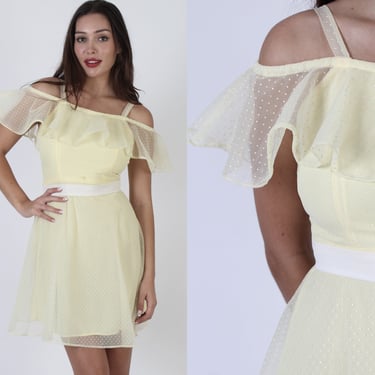 70s Yellow Swiss Dot Dress, Vintage Romantic Boho Wedding Bridesmaids Outfit, Monochrome Off The Shoulder Mini Sundress 