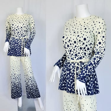 Miss Shaheen 1970's Blue White Polka Dot Print 2 Pc Pants Suit I Tunic Top I Pants I Sz Sm-Med I Alfred Shaheen 