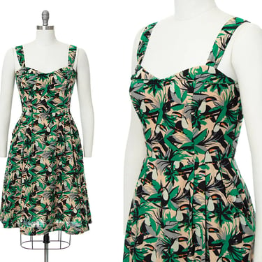 Vintage 1950s Style Sundress | Modern EMILY AND FIN "Pippa" Toucan Tropical Novelty Print Cotton Fit and Flare Dress with Pockets (small) 