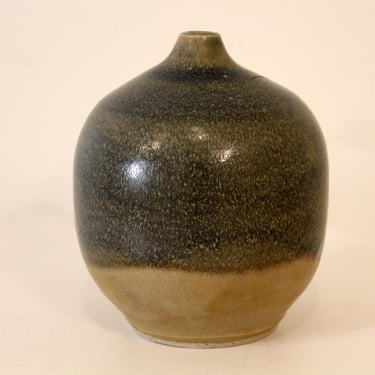 Vintage Mid Century Studio Pottery Ceramic Tan Small Vessel Vase with Blue Glaze 