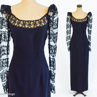 1940s Black Crepe Evening Dress | 40s Black Crepe & Lace Sleeve Formal | Old Hollywood | XL 