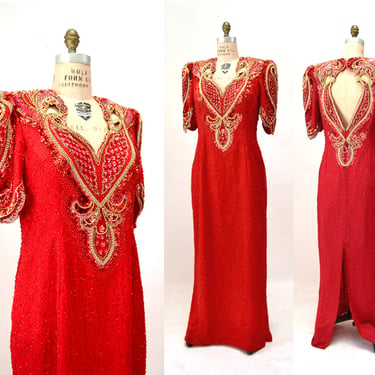 80s Vintage Red Beaded Dress Evening Gown Large// 90s Party Red Beaded Evening Pageant Dynasty Gown Dress Size Large Chinese Wedding Gown 