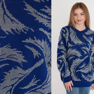 Metallic Leaf Sweater 80s Blue Silver Pullover Knit Sweater Sparkly Print Jumper Retro Glittery Sparkle Leaves Acrylic Vintage 1980s Large L 