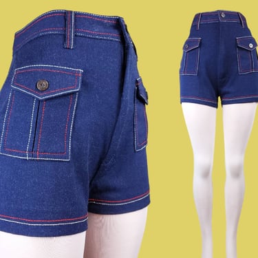 60s mod gogo hotpants. Vintage deadstock Kmart shorts with tags. Blue red white stitch, stretch knit, front patch pockets. (32 waist, Large) 