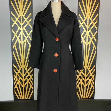 1960s mod coat, black wool, Tiffany fashions, vintage 60s coat, exaggerated collar, classic, outerwear, medium, mrs maisel style, retro, 28 