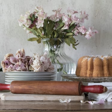 Vintage Rolling Pin with Red Handles, Antique Baking Utensil 