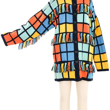 Escada Fringed Colorblock Windowpane Cardigan