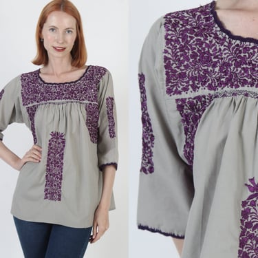 Long Sleeve Oaxacan Top Grey Mexican Tunic Womans Hand Embroidered Bell Sleeves San Antonio Floral Puebla Blouse 