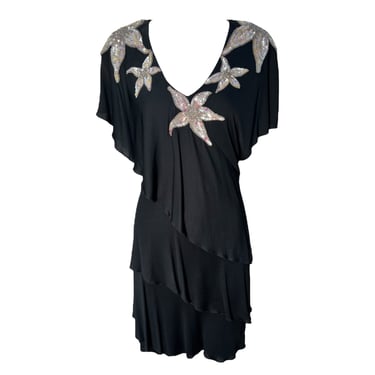 Holly's Harp Late 1970's Black Rayon Jersey Tiered Dress with Sequin Star Flowers