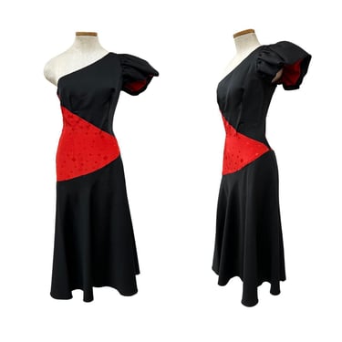 Vtg 80s 1980s Avantgarde New Wave Minimal Asymmetrical Black Red Cocktail Dress 