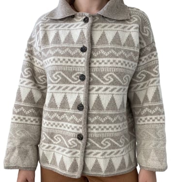 New Zealand Womens Merino Wool Angora Blend Beige Geometric Cardigan Jacket Sz M 