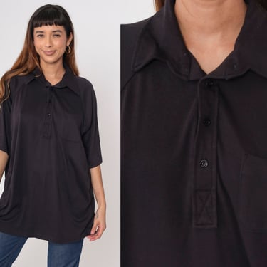 Black Polo Shirt 80s Collared T-shirt Basic Short Raglan Sleeve Top Button Up Plain Casual Single Stitch Vintage 1980s Plus Size 2x xxl 