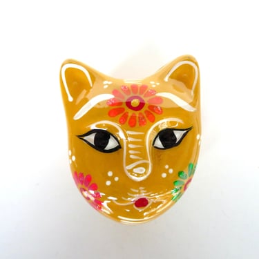 Vintage Folk Art Pottery Trinket Box From Mexico, Hand Painted Cat Face Box, Mexican Red Clay Jewelry Holder 