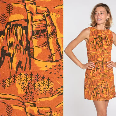 60s Mini Dress Orange Mountain Forest Print Mod Shift Dress Sleeveless Boho Psychedelic Nature Pattern Vintage 1960s Day Dress Retro Small S 