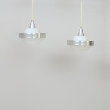 MidCentury Pair of Vintage Scandinavian Pendant Lamps in Glass and Metal - Silver Color, Danish Design Home Decor 