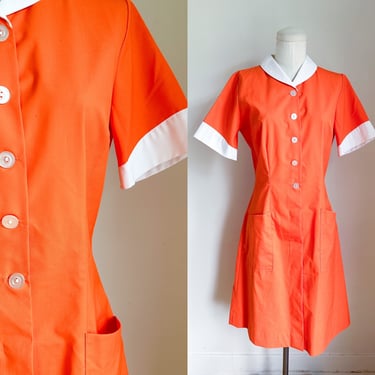 Vintage 1960s Orange Waitress Uniform Dress / M 