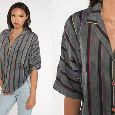 Grey Striped Top 90s Blouse Short Sleeve Button up Shirt Retro Collared Preppy Boho Summer Casual Black Pink Red Yellow Vintage 1990s Large 