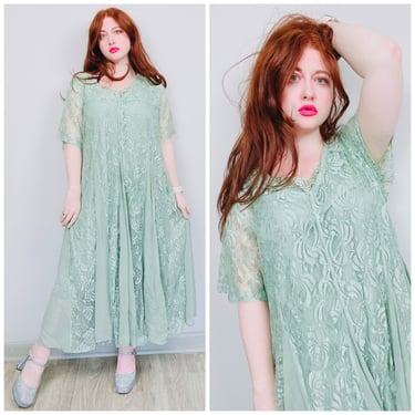 1990s Vintage Rayon Lace Smock Dress / 90s / Seafoam Green Short Sleeve Floral Maxi Dress / Grunge / Size 18 / 20 